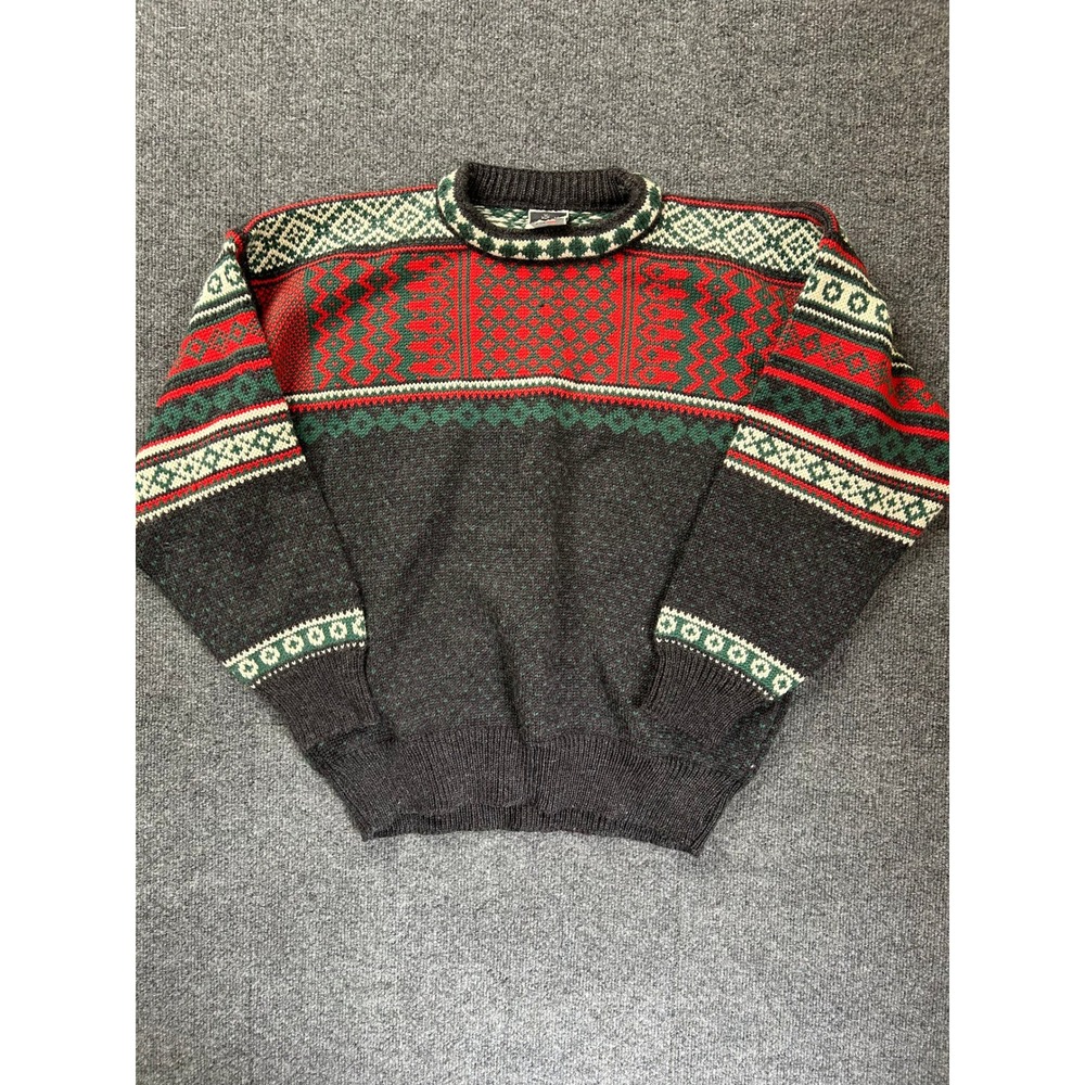 Dale of Norway Nordic Wool Sweater Men Large Gray Red Green Fair Isle Vintage